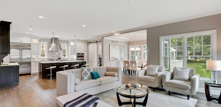 Modern living space with view of the kitchen, showcasing a cozy seating area, elegant decor, and a harmonious color palette that enhances the room's spacious feel.